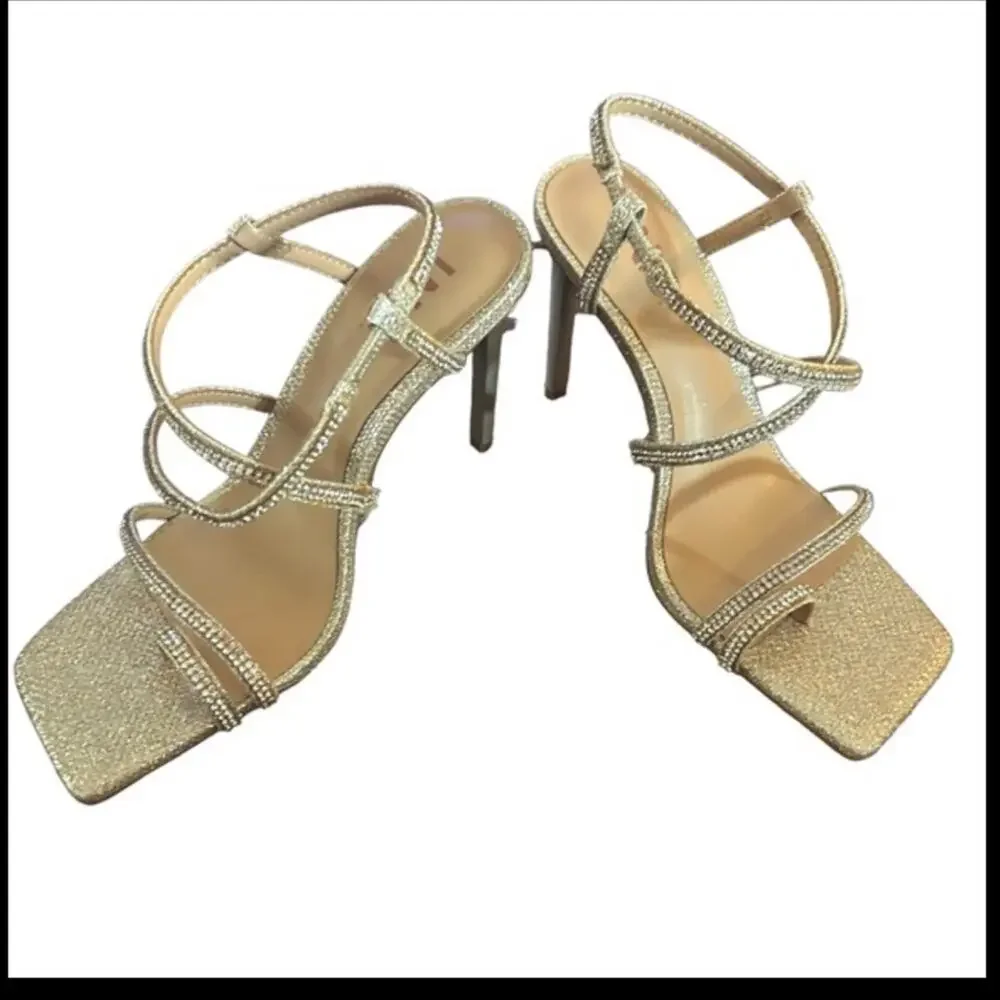 INC Arti Strappy Dress Heels Sparkly  Square Toe Sleek Stiletto Heel NEW SZ 8.5
